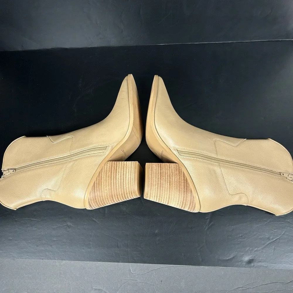 Lisa Vicky Womens Tan Leather Western Ankle Boots Pointed Toe‎ Block Heel Zip